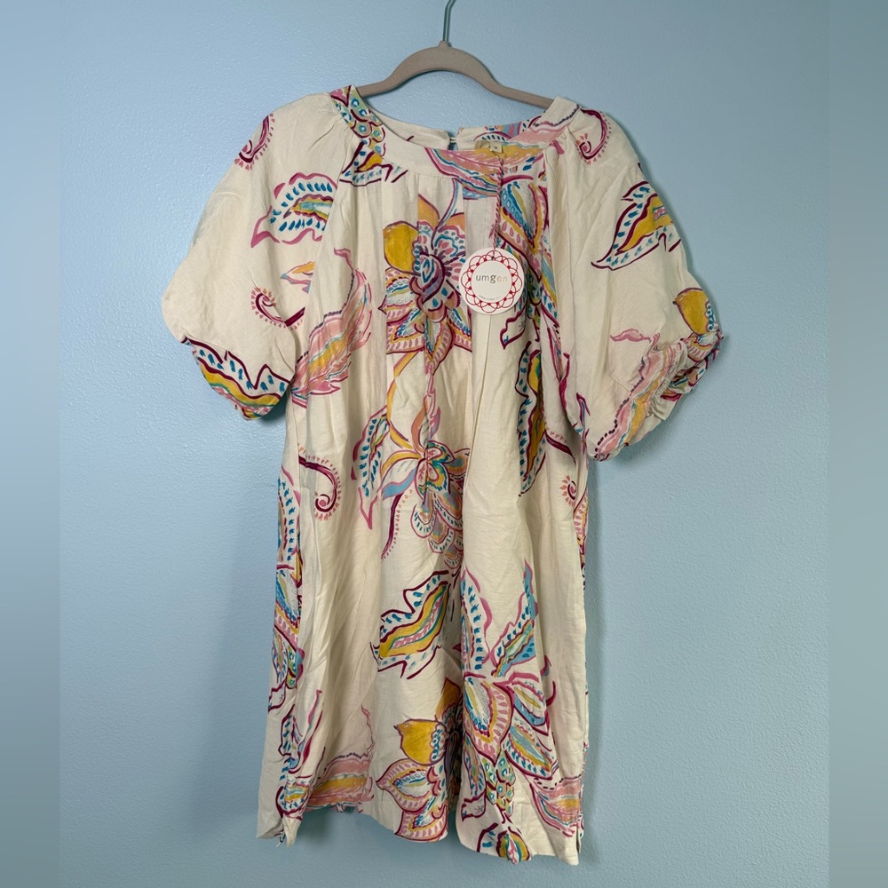 Umgee Cream Floral Print Short Dress with Pink, Yellow & Blue Accents